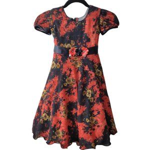Mori Lee Girls Orange Black Floral Tulle Lined S/S Tie Back Party Dress 5/6?